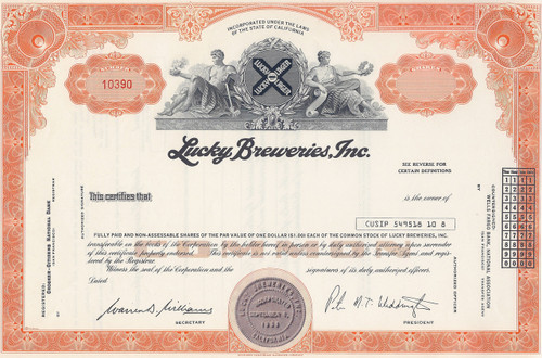Lucky Breweries stock certificate- maker of Lucky Lager