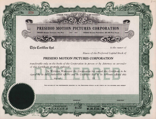Presidio Motion Pictures stock certificate 1920s (Nevada) - silent movies