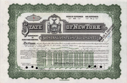 State of New York $10,000 bond certificate 1932  - low serial number