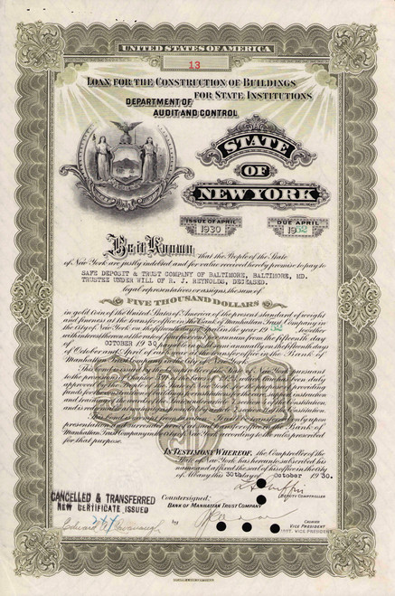 State of New York $5,000 bond certificate 1930 - low serial number