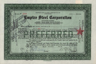 Empire Steel Corporation stock certificate 1929 (Mansfield Ohio) - green preferred shares