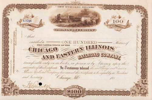 Chicago and Eastern Illinois Railroad Company stock certificate c1880 (Illinois)