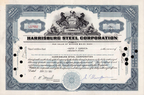 Harrisburg Steel Corporation stock certificate 1951 (Pennsylvania)