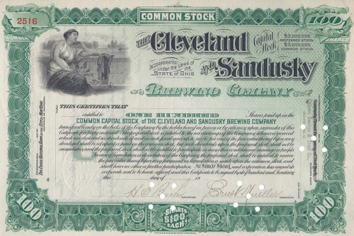 Cleveland and Sandusky Brewing Company stock certificate unissued
