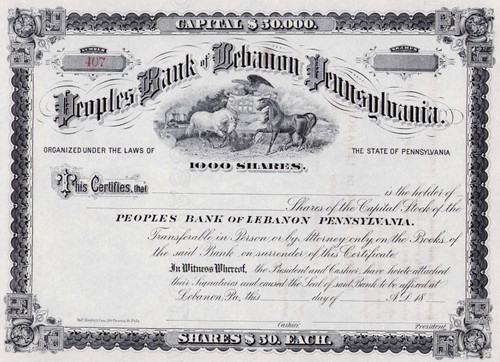 Peoples Bank of Lebanon Pennsylvania stock certificate c1888 (Pennsylvania)