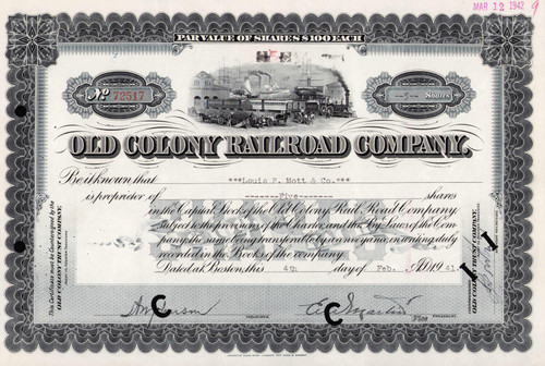 Old Colony Railroad Company stock certificate 1940s (Boston Massachusetts) 