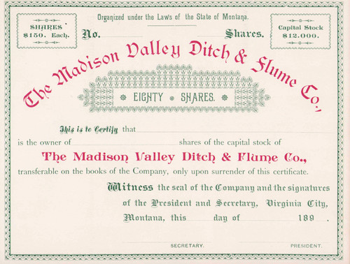 Madison Valley Ditch & Flume Co. stock certificate c1890 (Montana) 