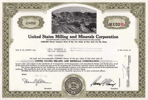 United States Milling and Minerals Corporation stock certificate 1962 (Nevada) 