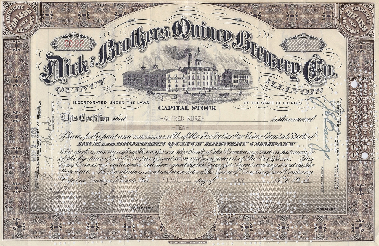 Dick Brothers Quincy Brewery stock certificates 1933