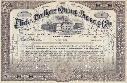 Dick and Brothers Quincy Brewery stock certificate