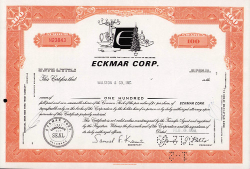 Eckmar Corp stock certificate 1969 (Delaware) - Christmas store