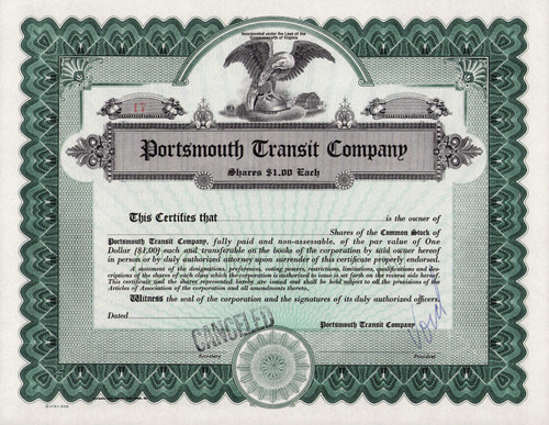 Portsmouth Transit Company stock certificate green c1951 (Virginia)