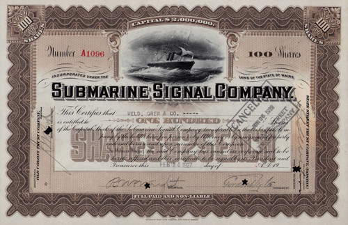 Submarine Signal Company stock certificate 1927 (Maine) - brown 100 shares 
