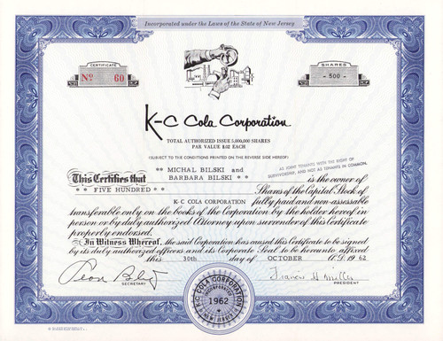 K-C Cola Corporation stock certificate 1962 (New Jersey) - soft drinks