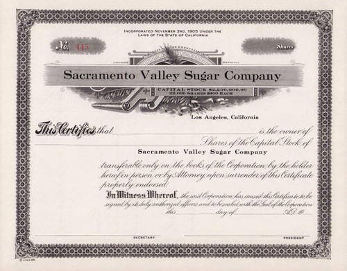 Sacramento Valley Sugar Company stock certificate c1906 (California)