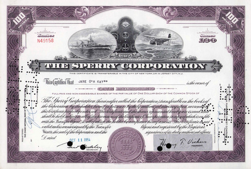 Sperry Corporation stock certificate 1950s (Delaware) lavender 100 shares