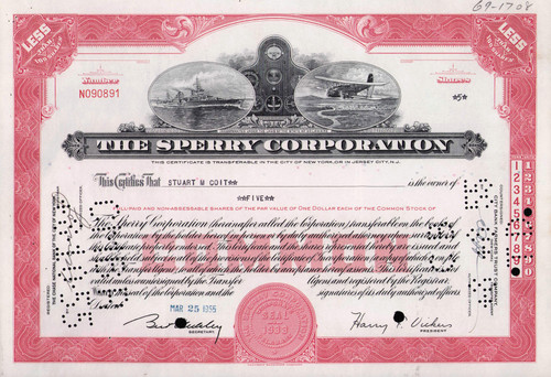 Sperry Corporation stock certificate 1950s (Delaware) red - less than 100 shares