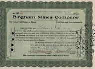 Bingham Mines Company stock certificate 1923 (Maine - Utah)