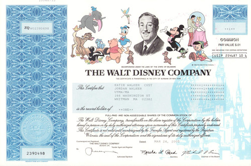 Walt Disney Company stock certificate 2005 (Michael Eisner as chairman)
