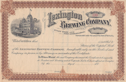 Lexington Brewing Company stock certificate circa 1898