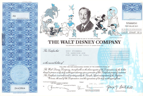 Walt Disney Company stock certificate 2006  - very rare misprinted colors - only example known