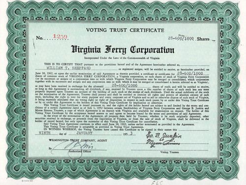 Virginia Ferry Corporation Voting Trust Certificate 1953 (Virginia)