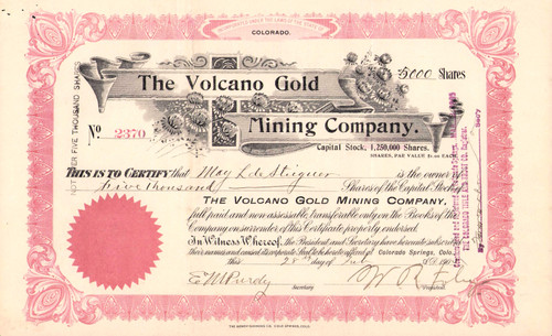 Volcano Gold Mining Company stock certificate 1901 (Colorado Springs CO)