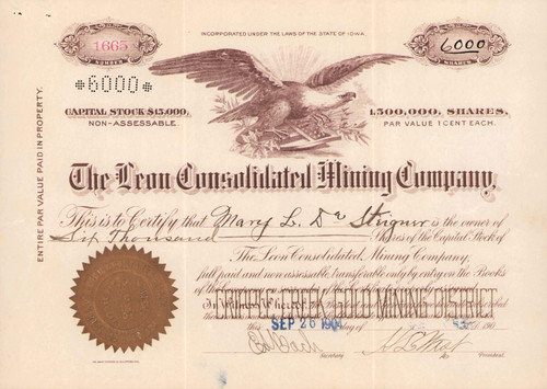 Leon Consolidated Mining Company stock certificate 1904 (Cripple Creek Colorado)  