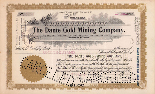 Dante Gold Mining Company stock certificate 1917 (Cripple Creek Colorado)  