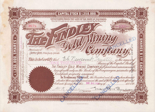 Findley Gold Mining Company stock certificate 1902 (Cripple Creek Colorado)  