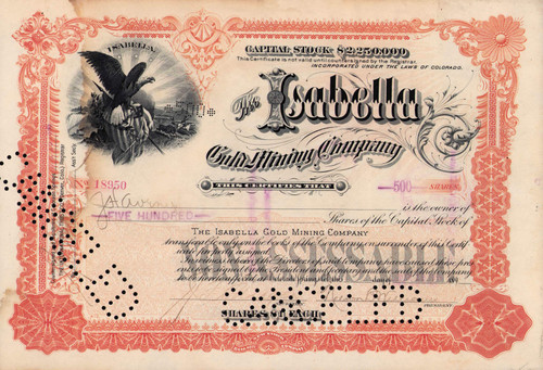 Isabella Gold Mining Company stock certificate c1890s (Cripple Creek Colorado)  