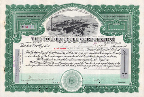 Golden Cycle Corporation stock certificate 1935 (Cripple Creek ) - green