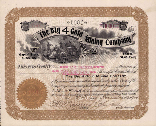 Big 4 Gold Mining Company stock certificate 1900 (Cripple Creek Colorado) 