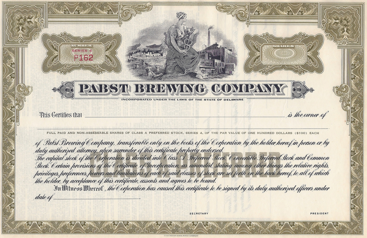 Pabst Brewing Company stock certificate 1930 #39 s