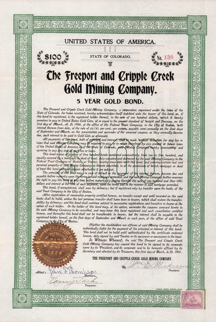 Freeport and Cripple Creek Gold Mining Company $100 gold bond 1901 (Colorado) 