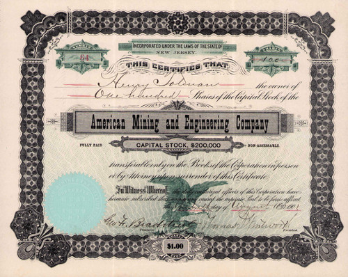American Mining and Engineering Company stock certificate 1901 (Boston MA)