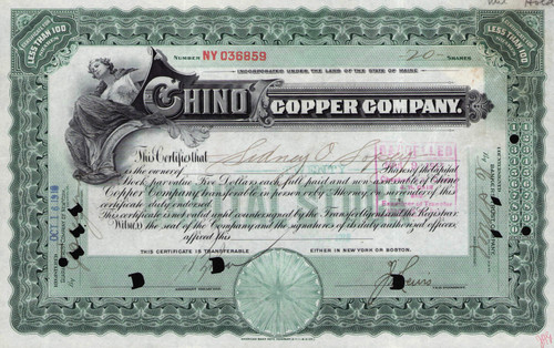 Chino Copper Company stock certificate 1910s (Maine) - green cert