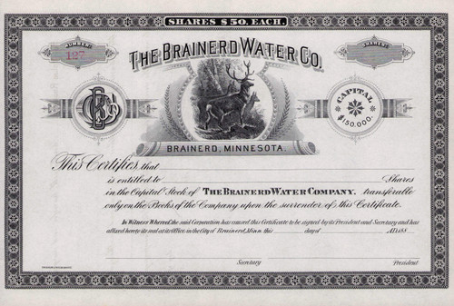 Brainerd Water Co stock certificate circa 1883 (Minnesota)
