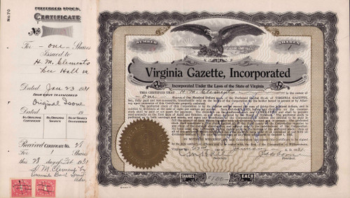 Virginia Gazette stock certificate 1931 (Williamsburg VA) 