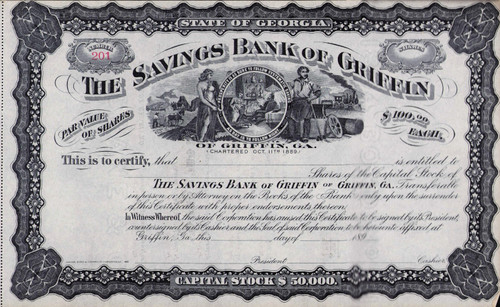 Savings Bank of Griffin stock certificate c1890 (Georgia) 
