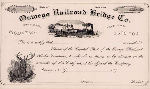 Oswego Railroad Bridge Company stock certificate c1872 (New York) 