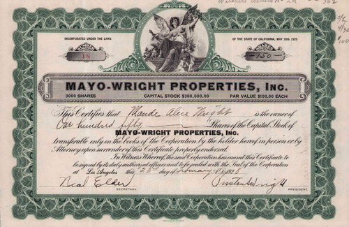 Mayo-Wright Properties stock certificate 1928 (California) - apartments of the stars (Los Altos)
