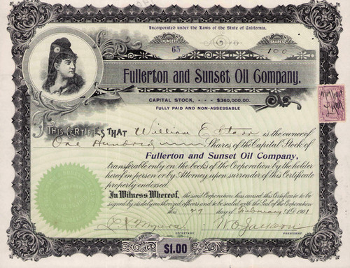 Fullerton and Sunset Oil Company stock certificate 1901 (Los Angeles California) 
