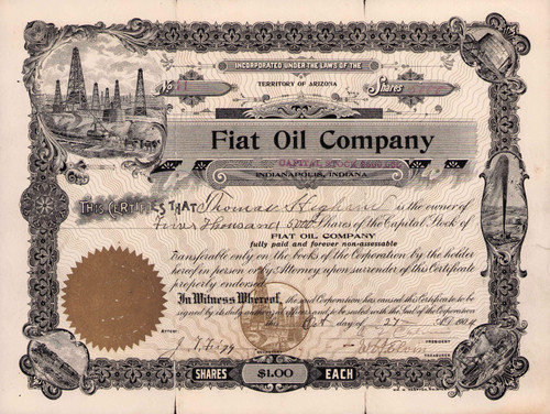 Fiat Oil Company stock certificate 1904 (Arizona) 