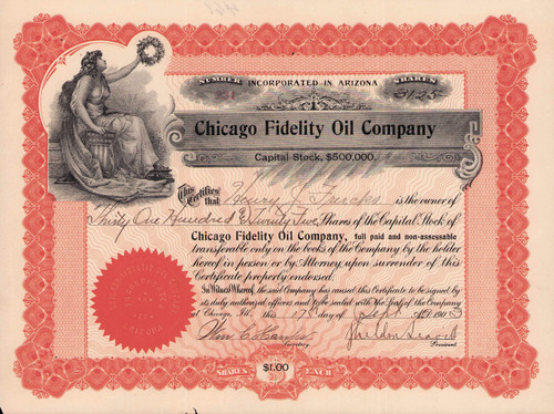 Chicago Fidelity Oil Company stock certificate 1903 (Arizona)