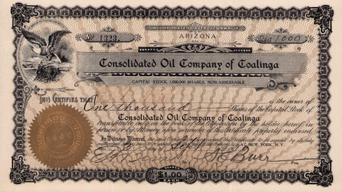 Consolidated Oil Company of Coalinga stock certificate 1910 (Arizona)