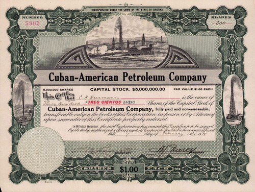 Cuban-American Petroleum Company stock certificate 1918 (Arizona)