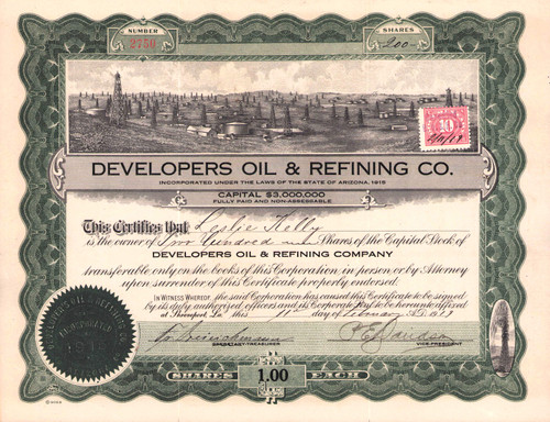 Developers Oil & Refining Company stock certificate 1919 (Arizona)