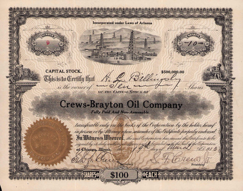 Crews-Brayton Oil Company stock certificate 1913 (Arizona)