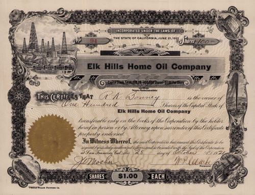 Elk Hills Home Oil Company stock certificate 1921 (California)